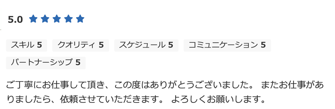 評価5.0。ご丁寧にお仕事して頂き、この度はありがとうございました。またお仕事がありましたら、依頼させていただきます。よろしくお願いします。というお客様の声
