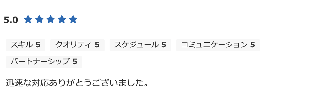 評価5.0。迅速な対応ありがとうございました。というお客様の声